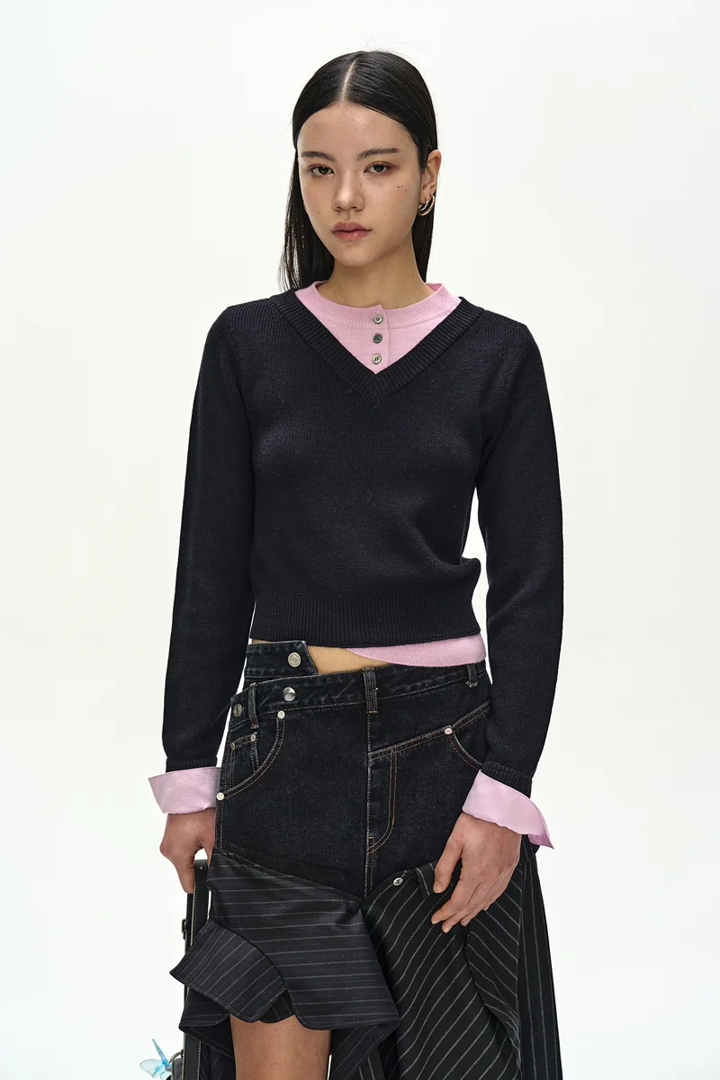 LAYERED SHIRT CUFF KNIT TOP 4