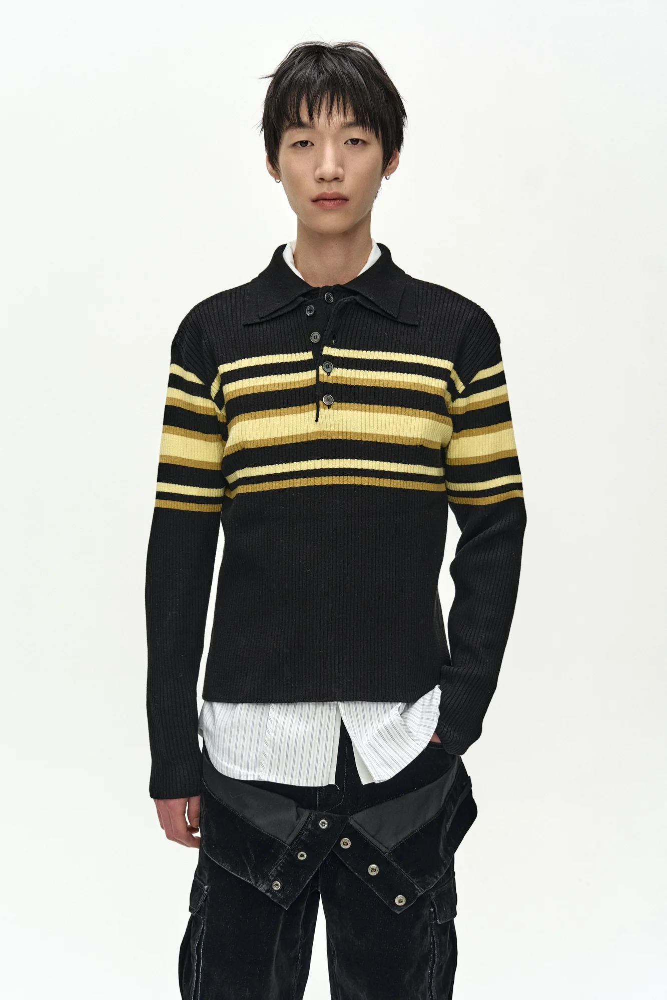 ANDERSSON BELL LAYERED COLLAR PITT STRIPE POLO SWEATER BLACK/LEMON