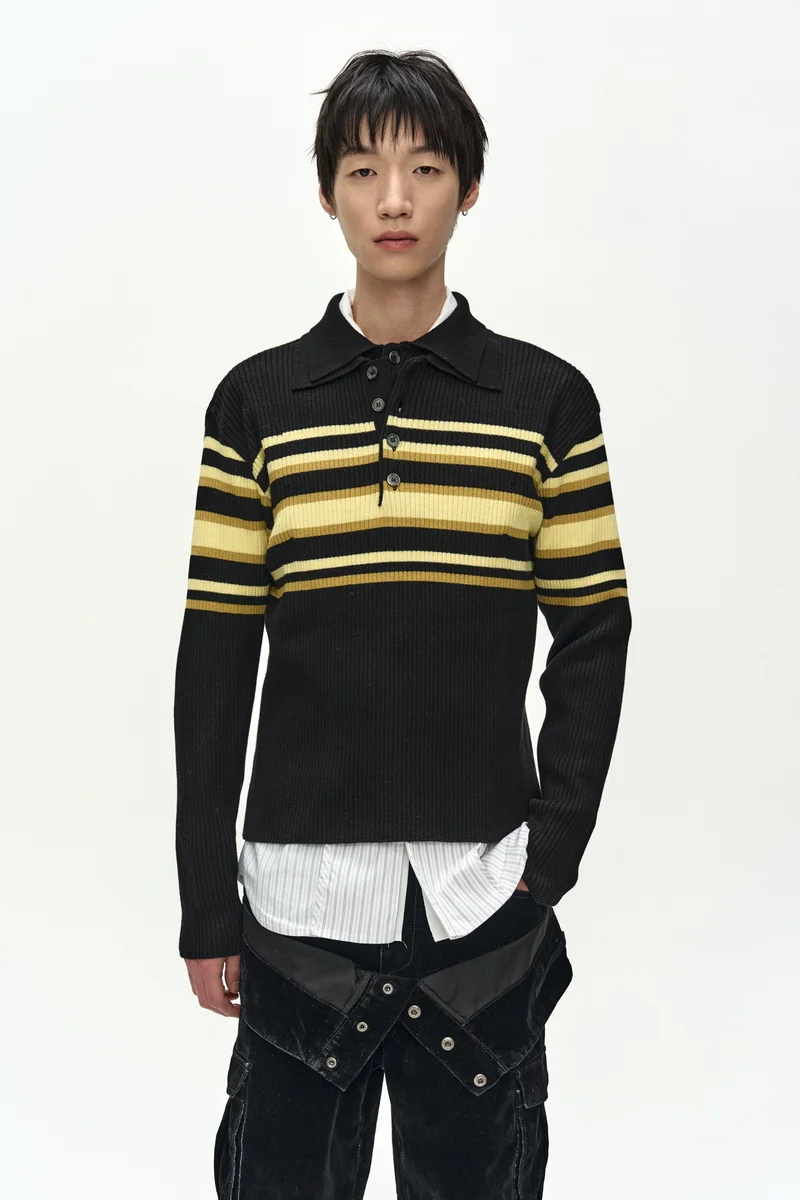 LAYERED COLLAR PITT STRIPE POLO SWEATER 1