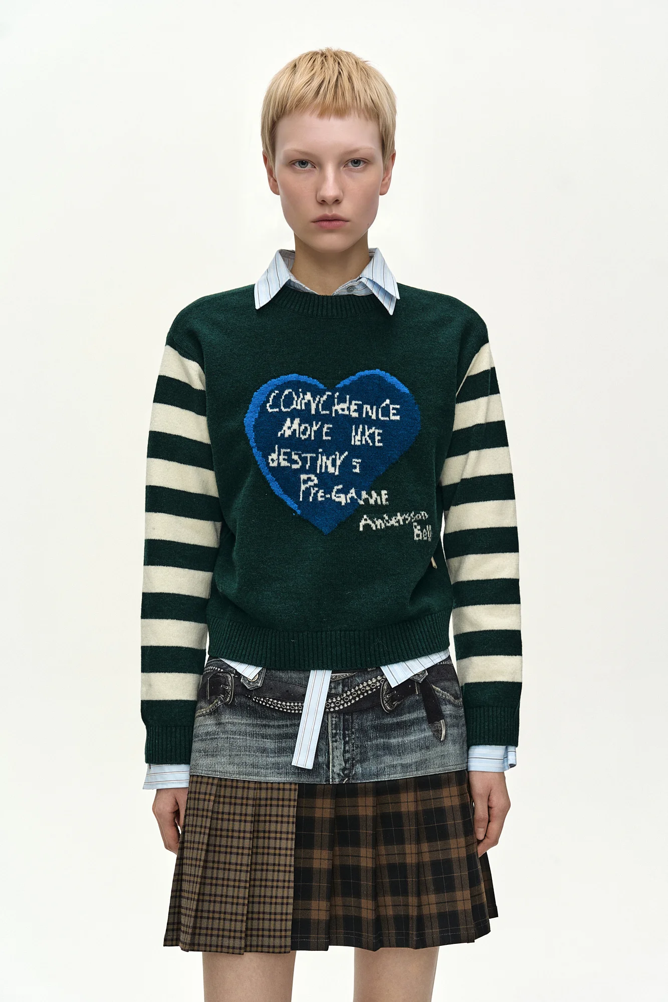 ANDERSSON BELL 26 GIRL'S HEART MESSAGE CREW-NECK SWEATER GREEN/IVORY
