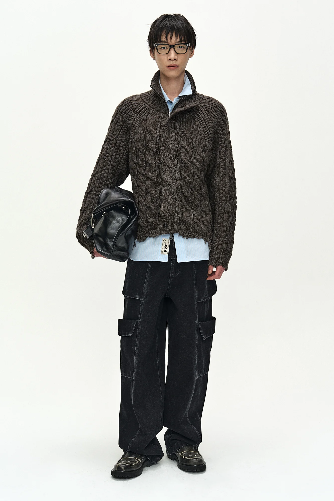 ANDERSSON BELL BELT LAYERED CARGO WIDE-LEG JEANS BLACK