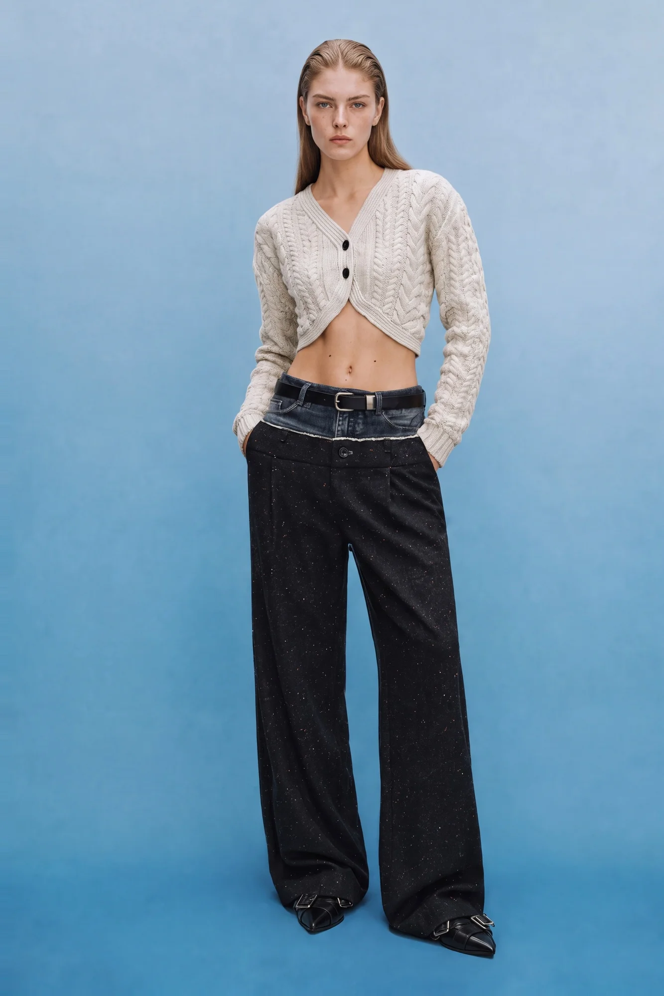 ANDERSSON BELL DENIM-WAIST NEP WOOL TROUSERS BLACK