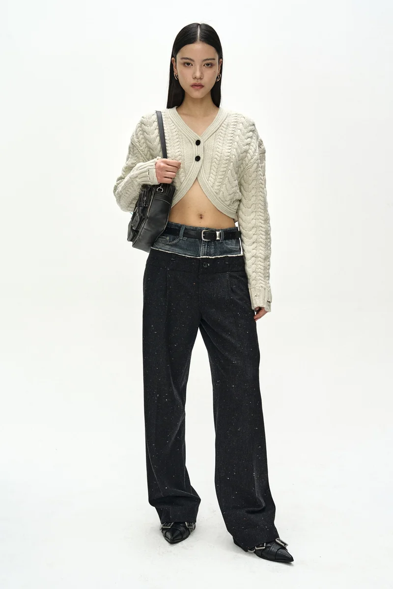 DENIM-WAIST NEP WOOL TROUSERS 2
