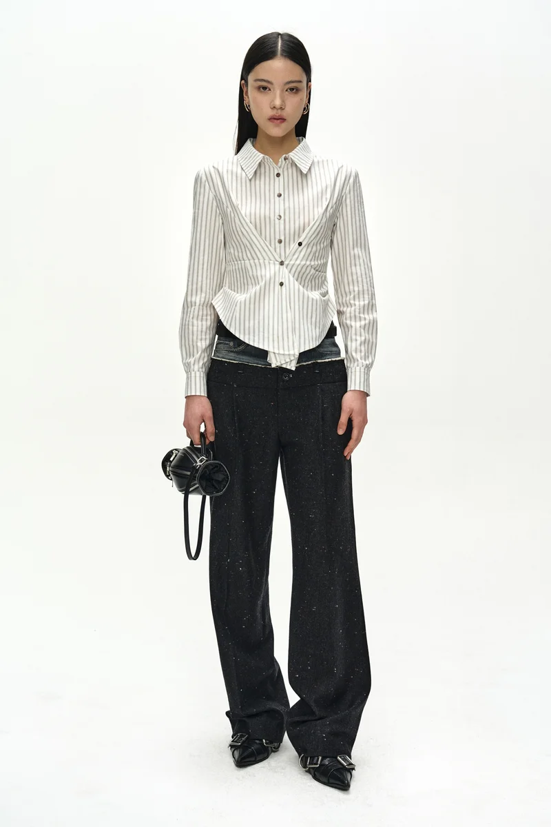 DENIM-WAIST NEP WOOL TROUSERS 3