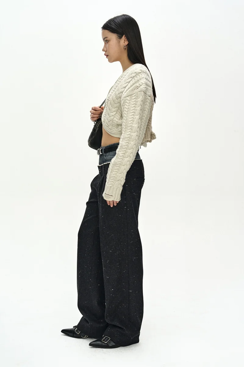 DENIM-WAIST NEP WOOL TROUSERS 4