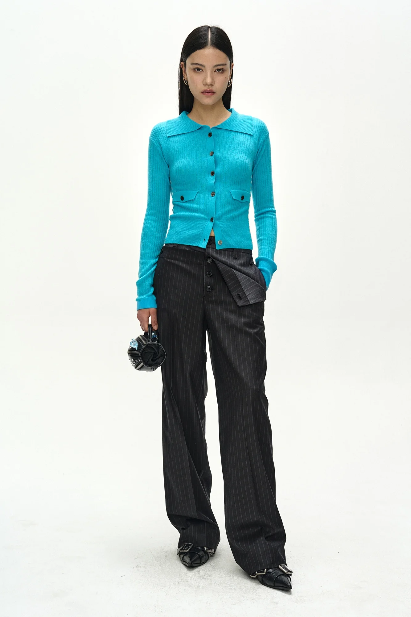 ANDERSSON BELL BUTTON-FOLD TROUSERS GREY/BLACK