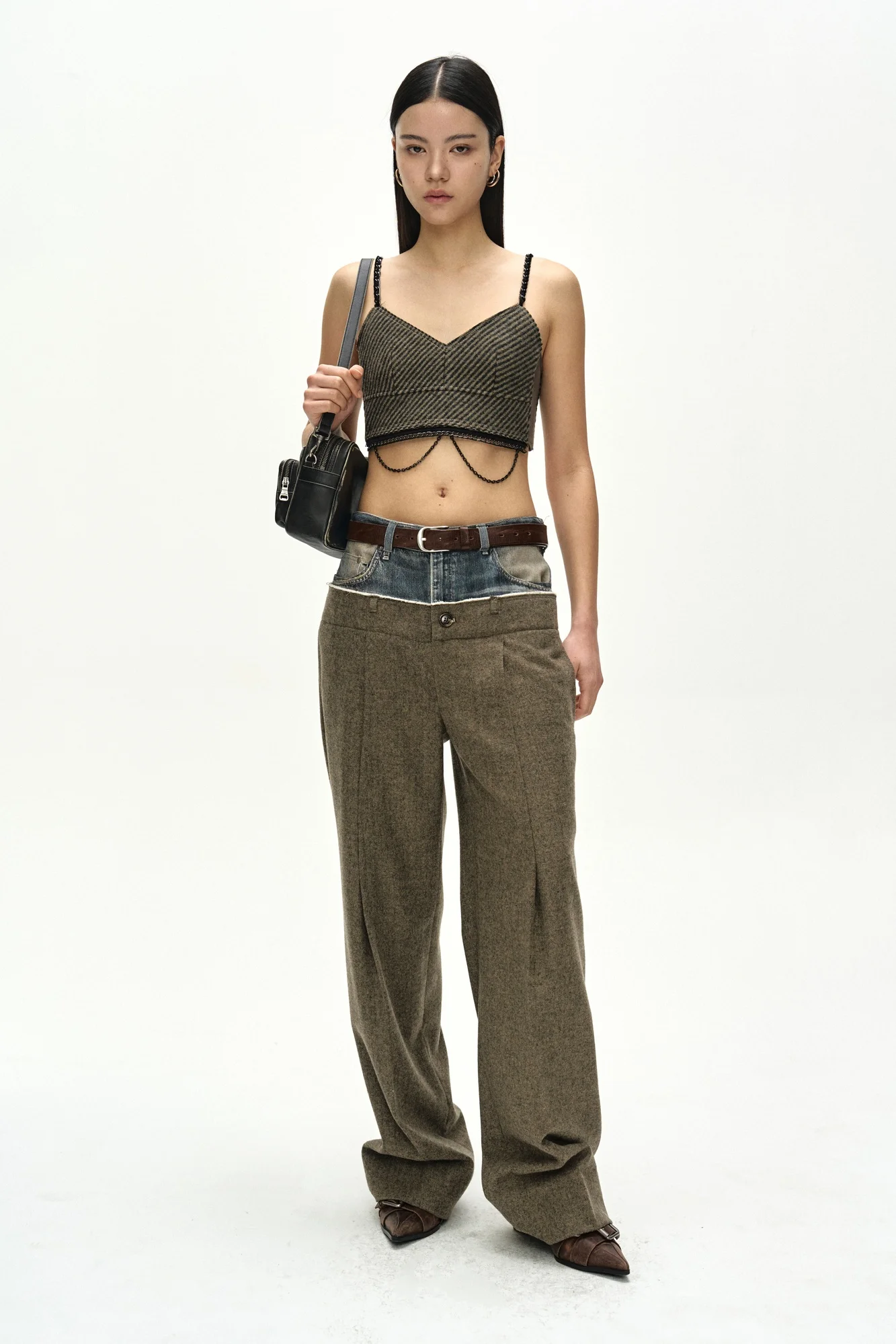 ANDERSSON BELL DENIM-WAIST HERRINGBONE TROUSERS KHAKI BROWN