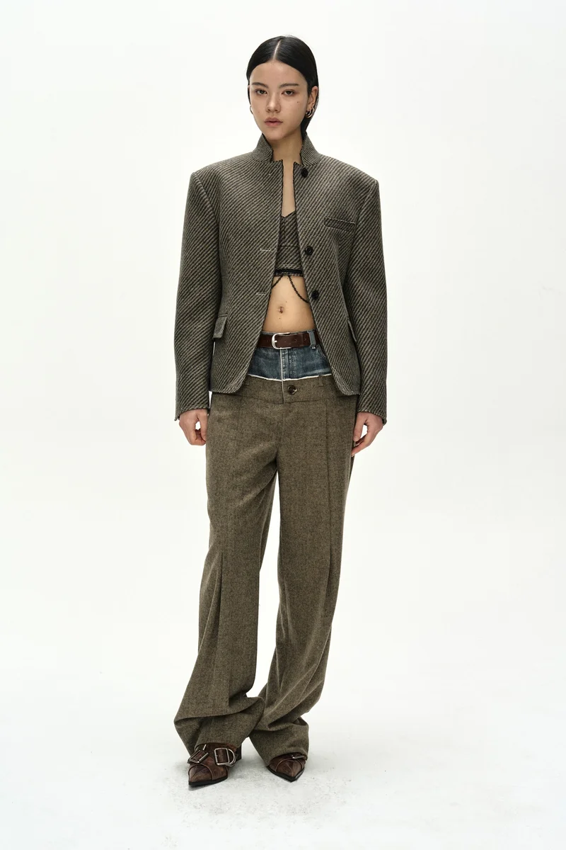 DENIM-WAIST HERRINGBONE TROUSERS 8