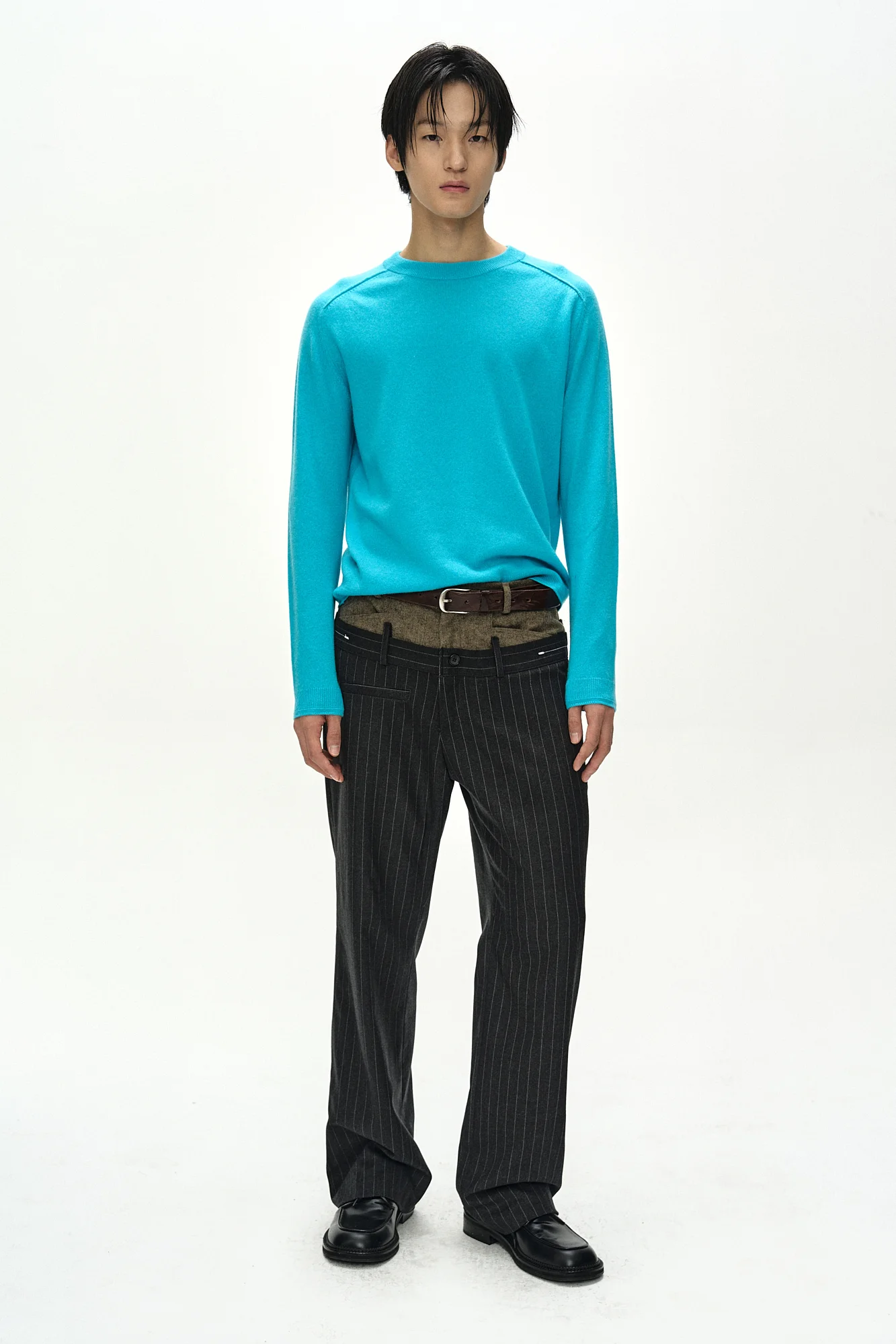 ANDERSSON BELL DOUBLE WAIST STRIPE WOOL TROUSERS DARK GREY / BEIGE