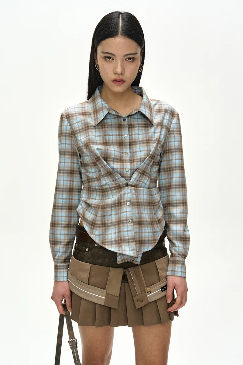 CHECK DRAPED WAIST SHIRT 1