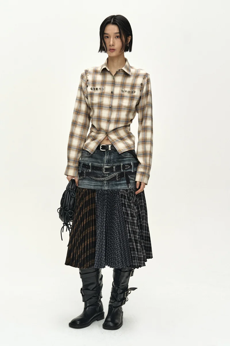 DOUBLE BELT PRINTED ACCORDION PLEATS SKIRT 2