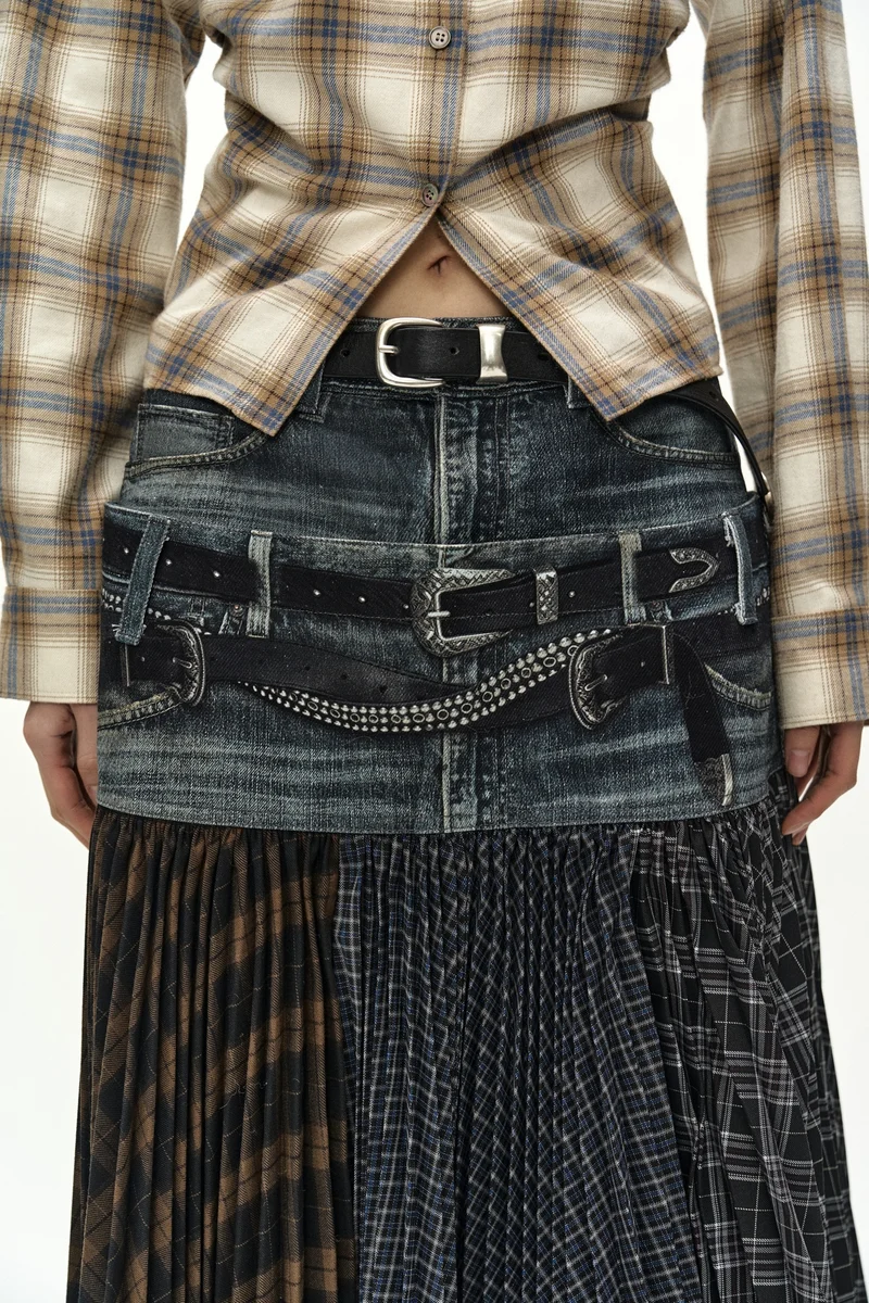 DOUBLE BELT PRINTED ACCORDION PLEATS SKIRT 6