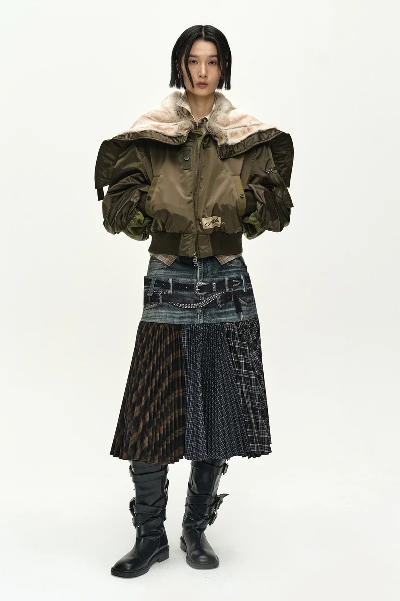 DOUBLE BELT PRINTED ACCORDION PLEATS SKIRT 10