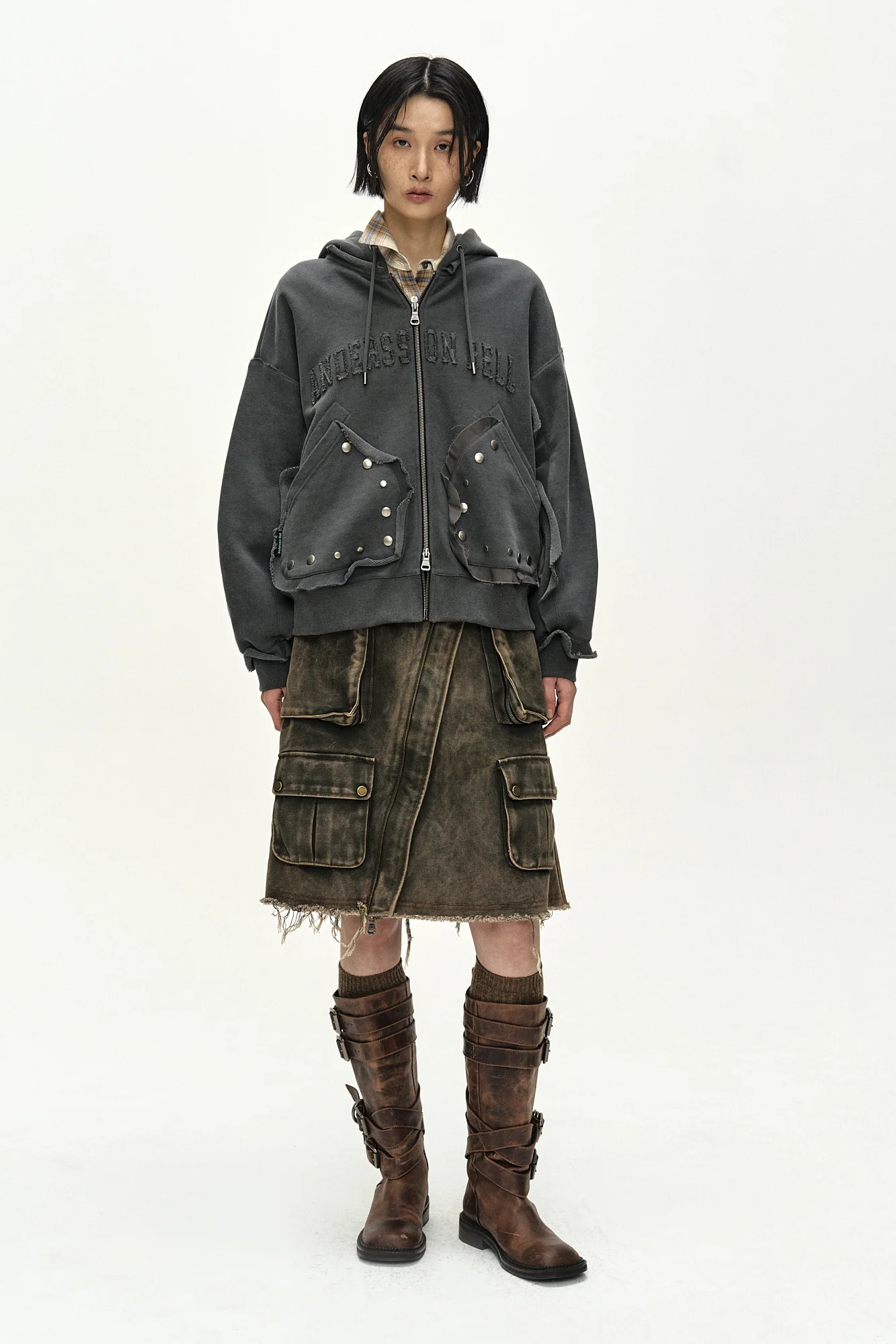ANDERSSON BELL RAW-CUT STUDDED ZIP-UP HOODIE CHARCOAL