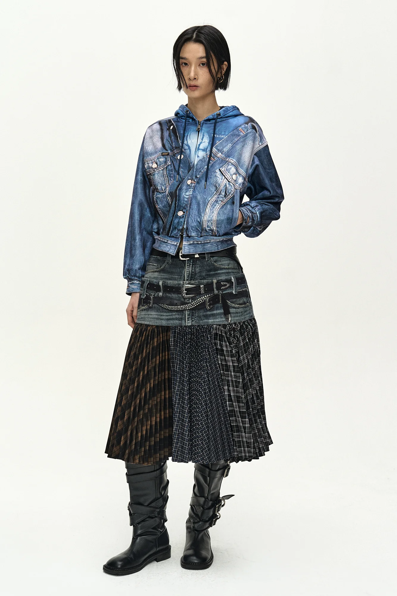 ANDERSSON BELL DENIM LAYERED TROMPE L'OEIL HOODIE BLUE