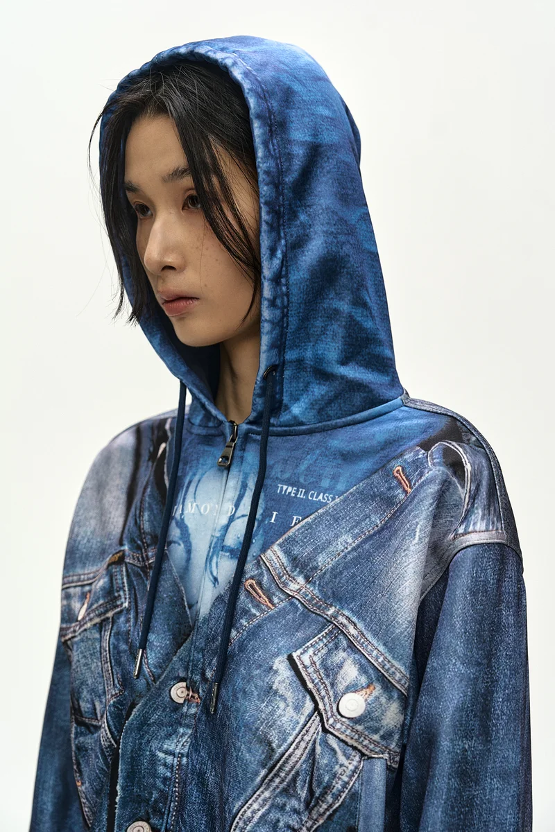 DENIM LAYERED TROMPE L'OEIL HOODIE 6