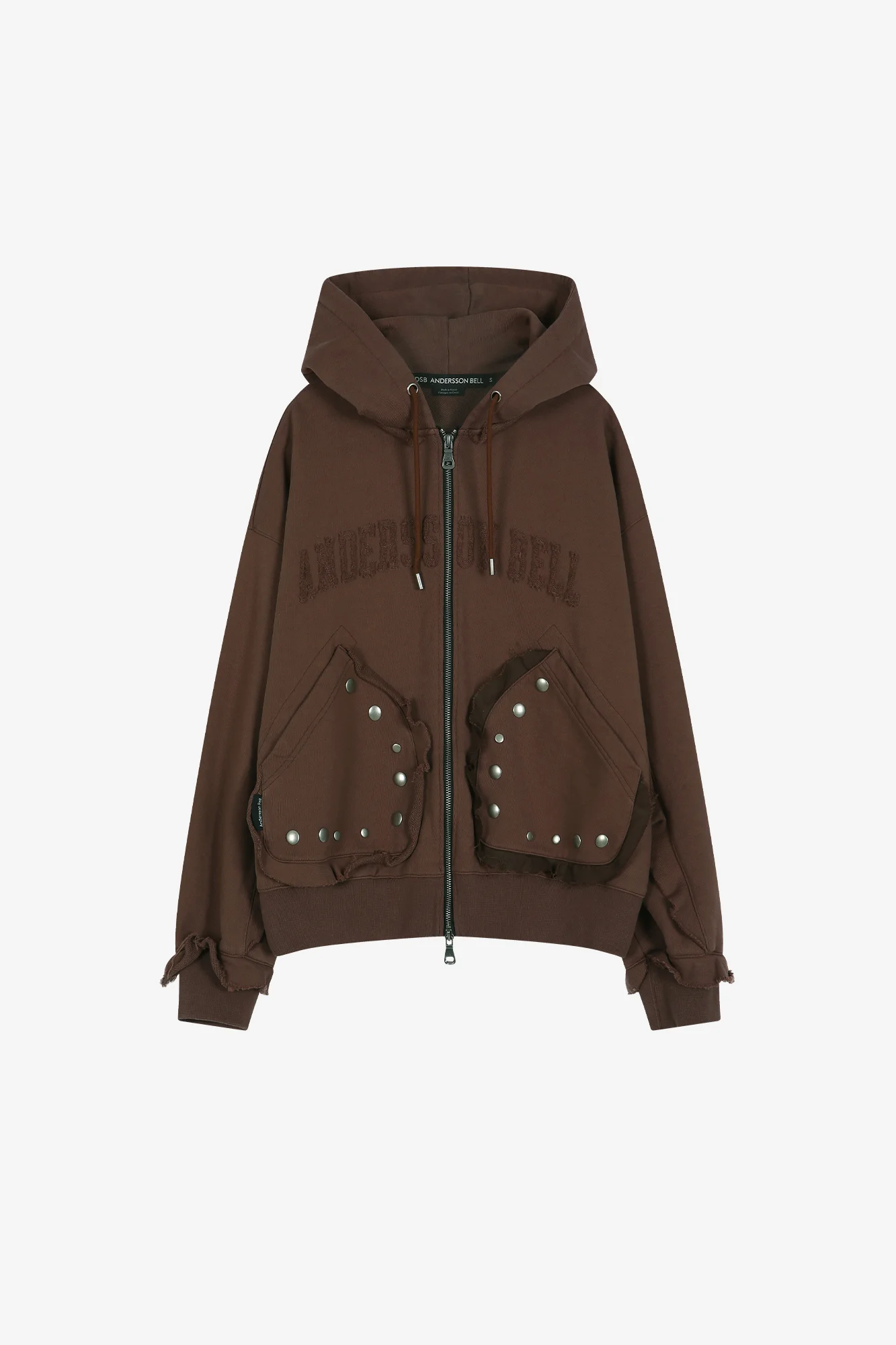 ANDERSSON BELL RAW-CUT STUDDED ZIP-UP HOODIE BRICK
