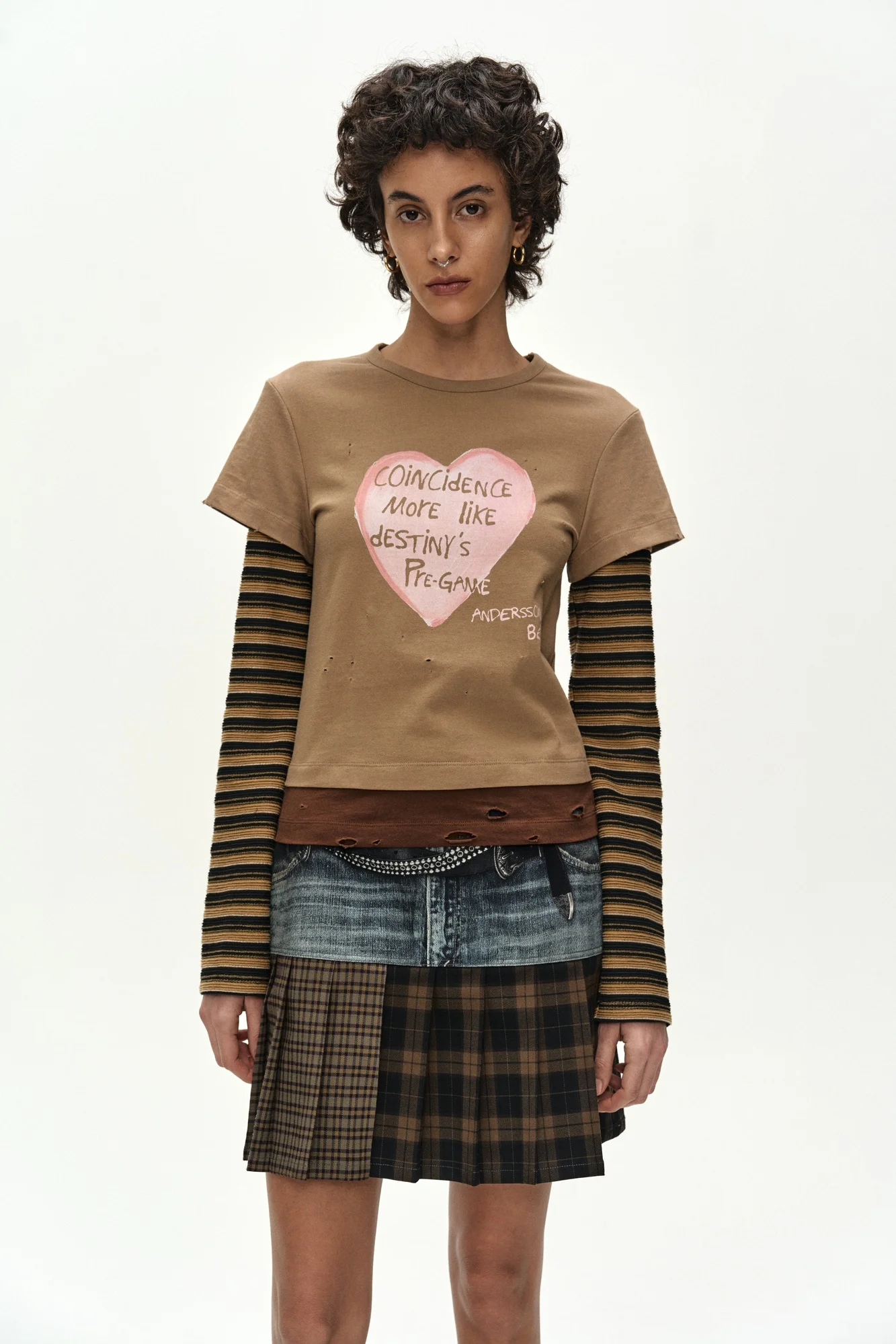 ANDERSSON BELL LAYERED HEART MESSAGE LONG SLEEVE T-SHIRT BROWN