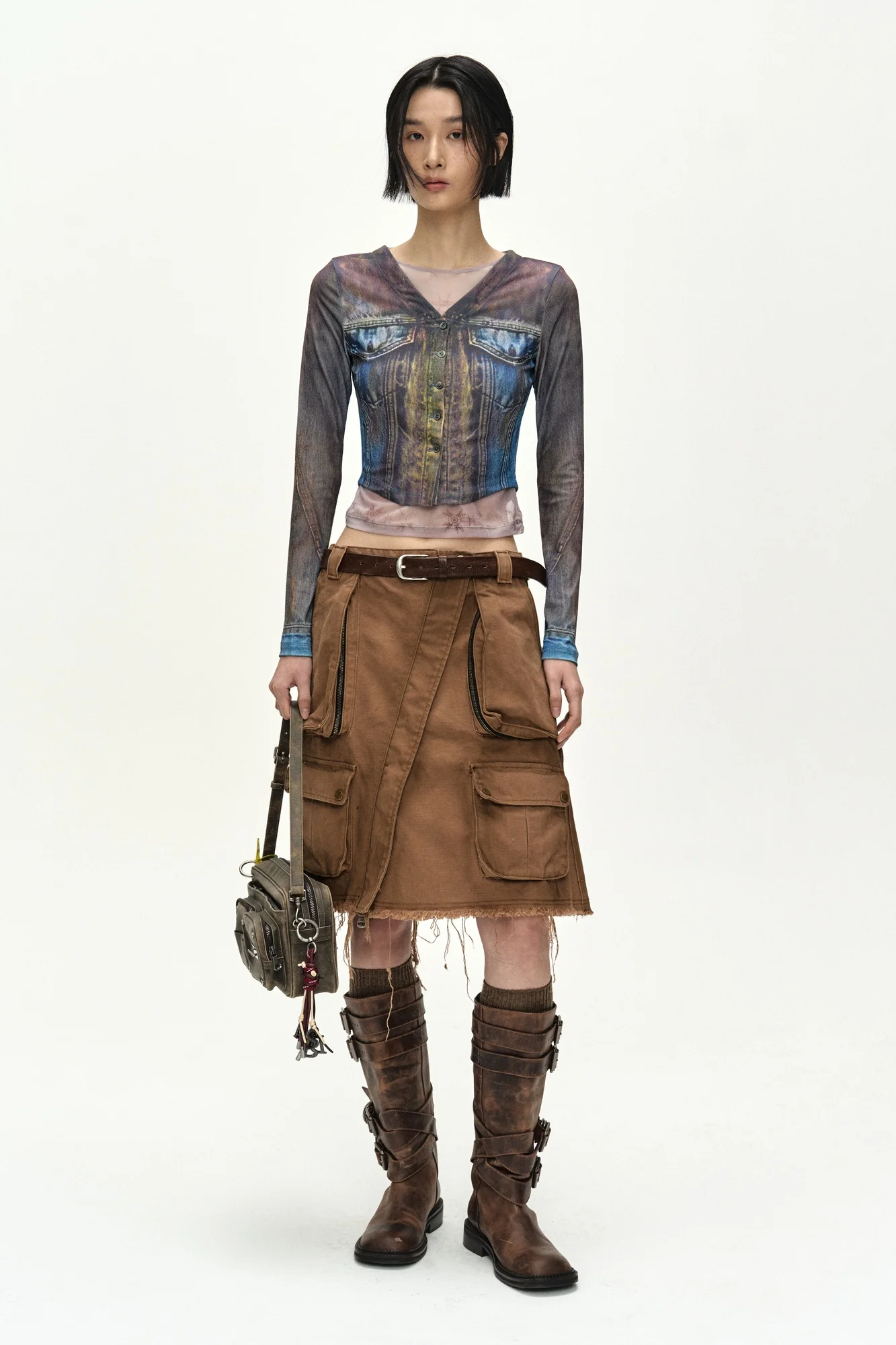 ANDERSSON BELL TROMPE L'OEIL DENIM LAYERED TATTOO TOP BROWN