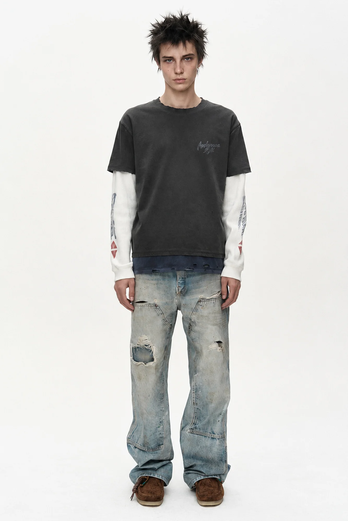 ANDERSSON BELL DISTRESS LAYERED LONG SLEEVE T-SHIRT CHARCOAL