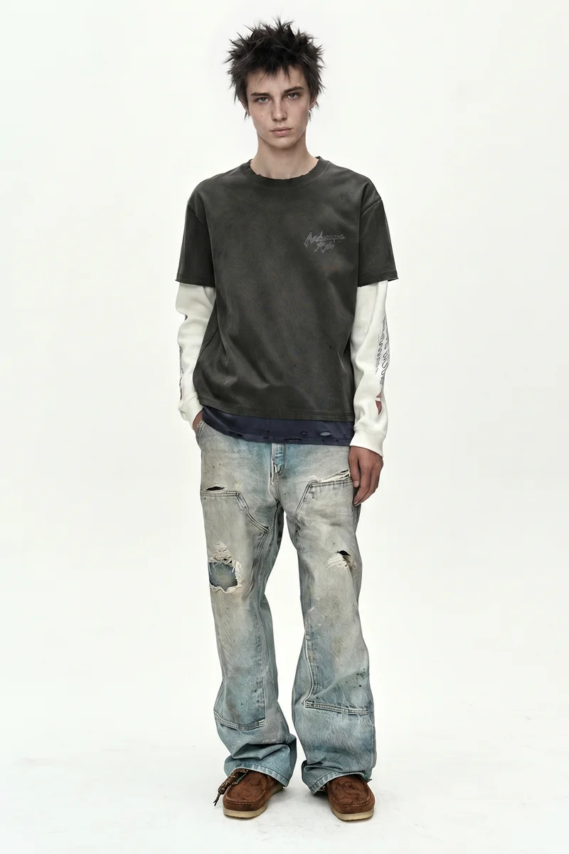 DISTRESS LAYERED LONG SLEEVE T-SHIRT 2