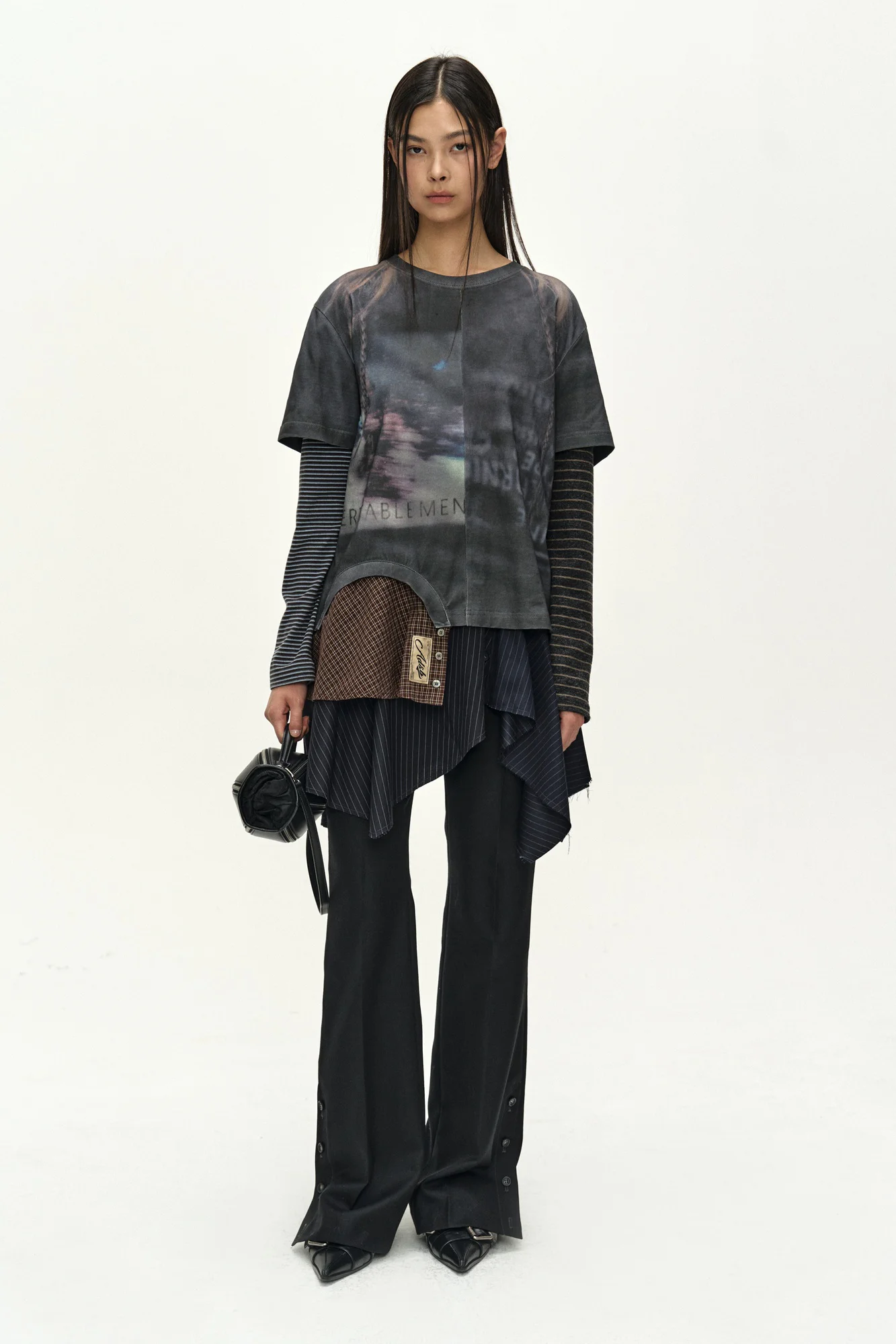 ANDERSSON BELL MIXED STRIPE SLEEVE LAYERED TOP CHARCOAL