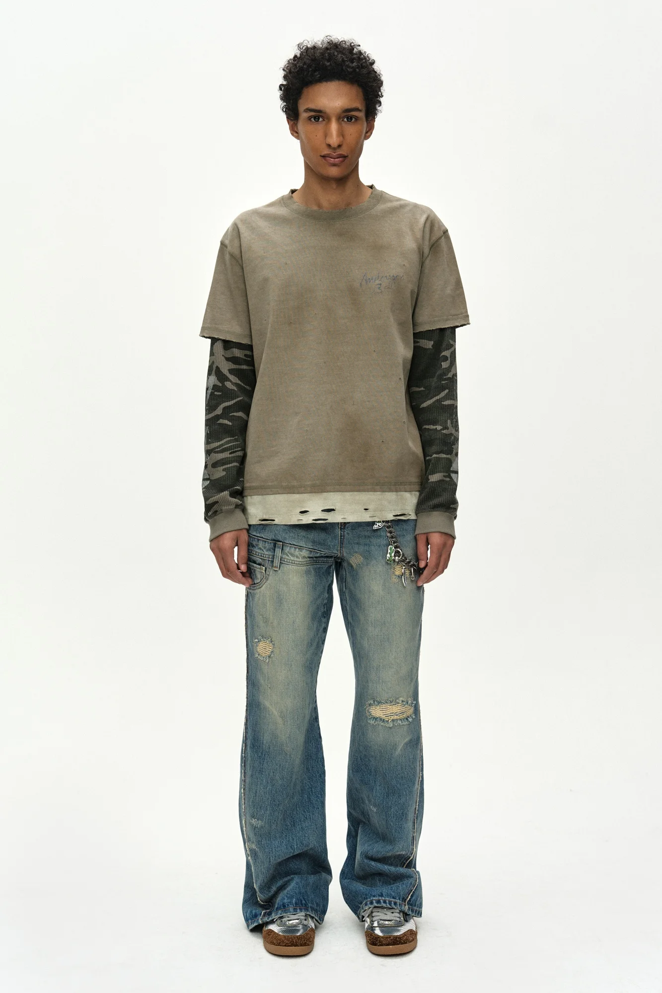 ANDERSSON BELL DISTRESS LAYERED LONG SLEEVE T-SHIRT BEIGE