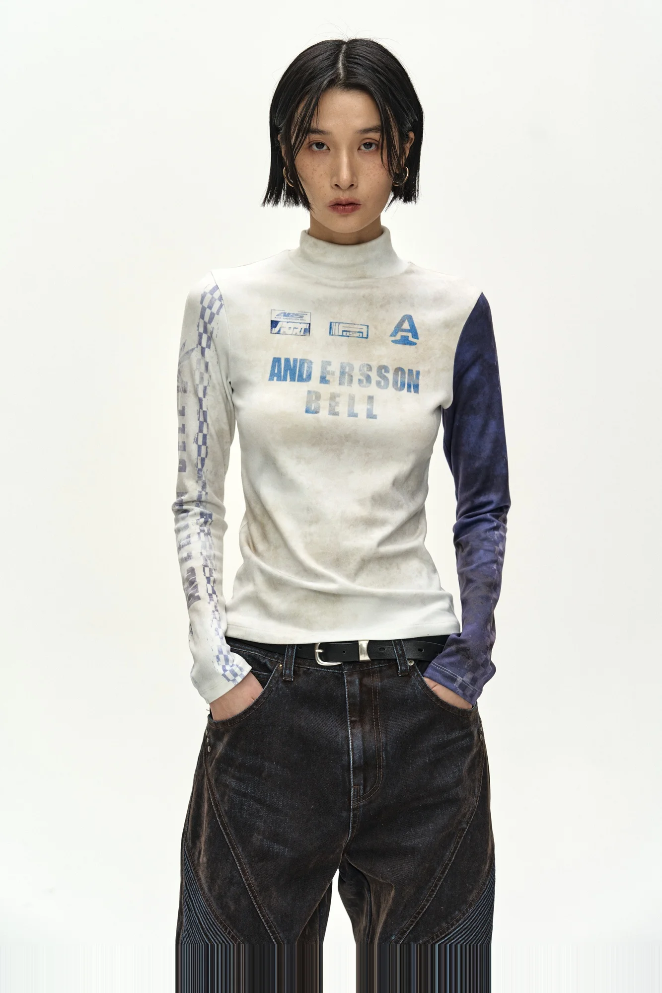 ANDERSSON BELL RACING GRAPHIC COLOR-BLOCK HIGH-NECK TOP IVORY/NAVY