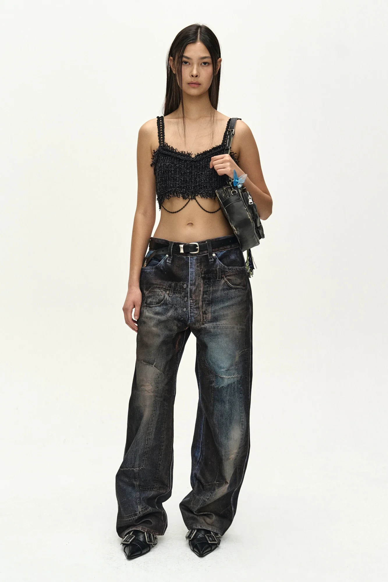 ANDERSSON BELL RAW CHAIN-EDGE TWEED BRALETTE BLACK
